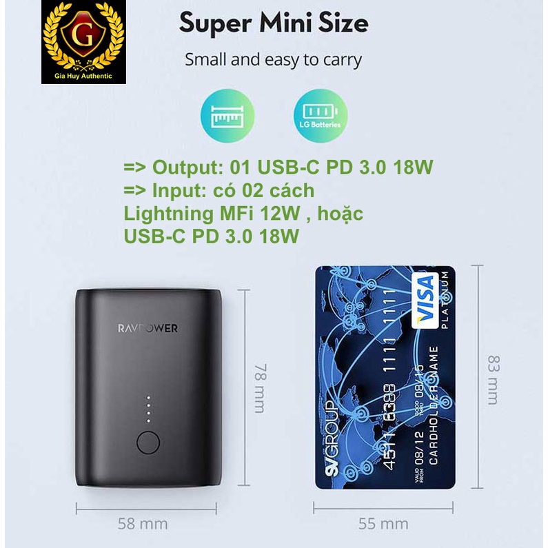 Pin sạc dự phòng Pioneer RAVPOWER RP-PB206 10000mAh PD 3.0 18W, Input Lightning MFi 12W &amp; PD 3.0 18W