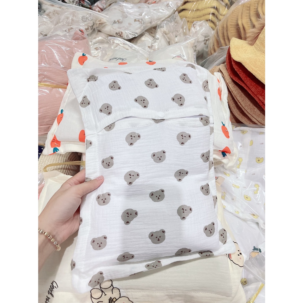 Gối bông xô muslin Be 27x45x1,5cm cho bé sơ sinh (TÚI ZIP)