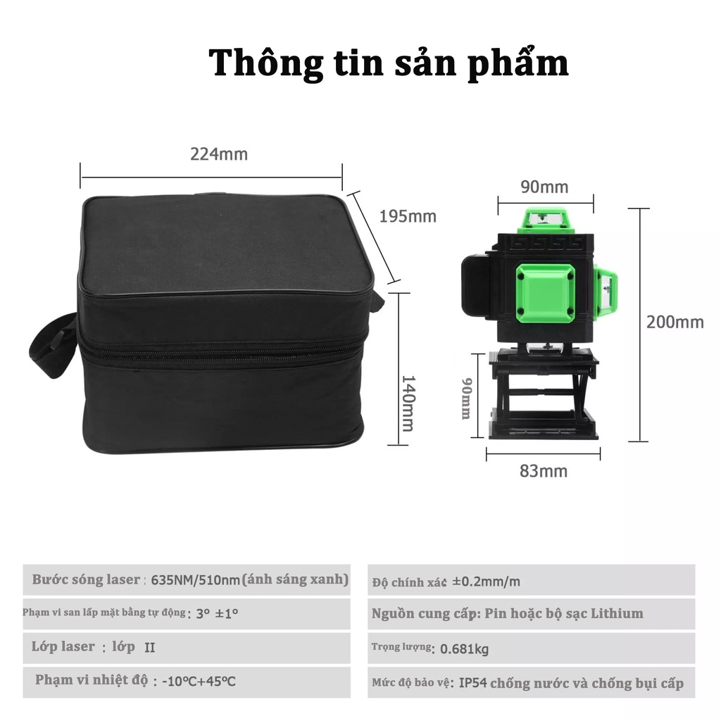 Máy cân bằng laser 16 tia Máy bắn cốt có điều khiển từ xa -tặng bộ từ hít treo tường,Máy cân mực,Sạc, Chân Đế Máy, Hộp Nhựa