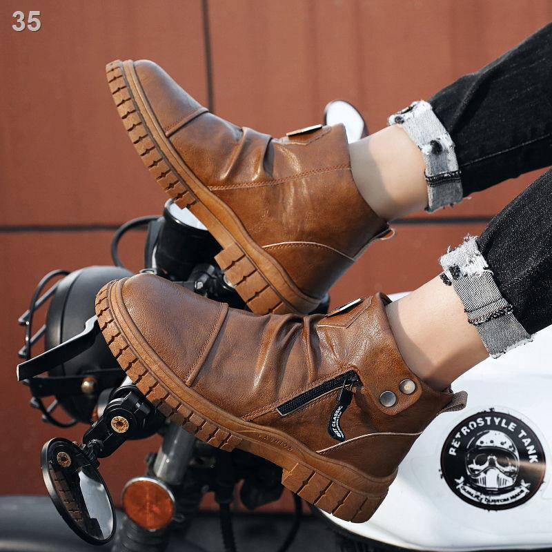 ◈♝▧Giày đi xe máy của nam giới mùa thu đích thực retro Martin boots Hàn Quốc giản dị đông hoang dã cộng với nhung ấm áp