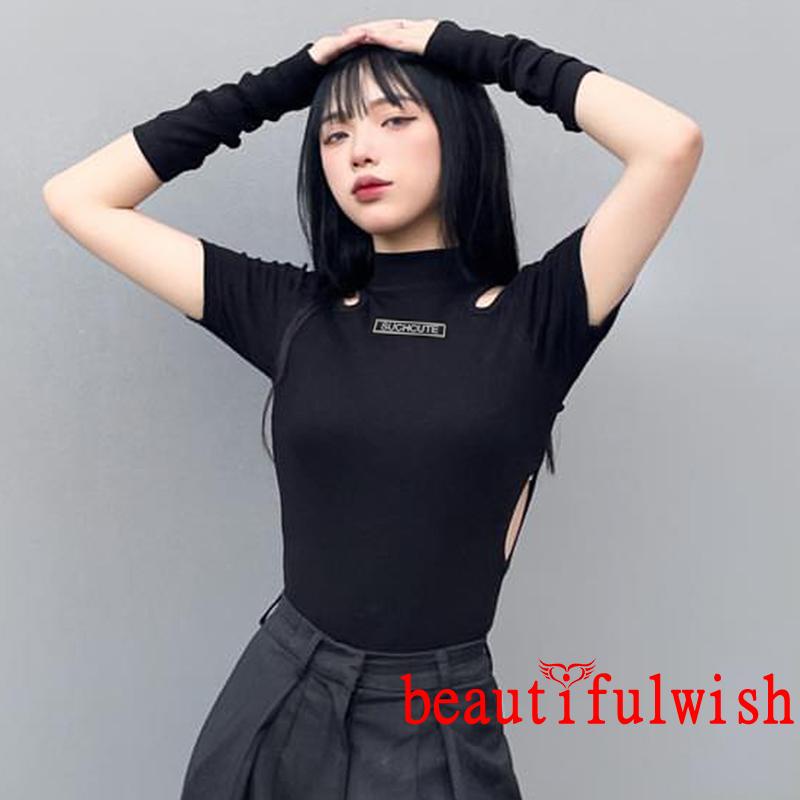 ★KI❈Women Bodysuit Outfits, Cold-shoulder Letter Label Short Sleeve Round Neck Cutout Romper + Solid Color | BigBuy360 - bigbuy360.vn