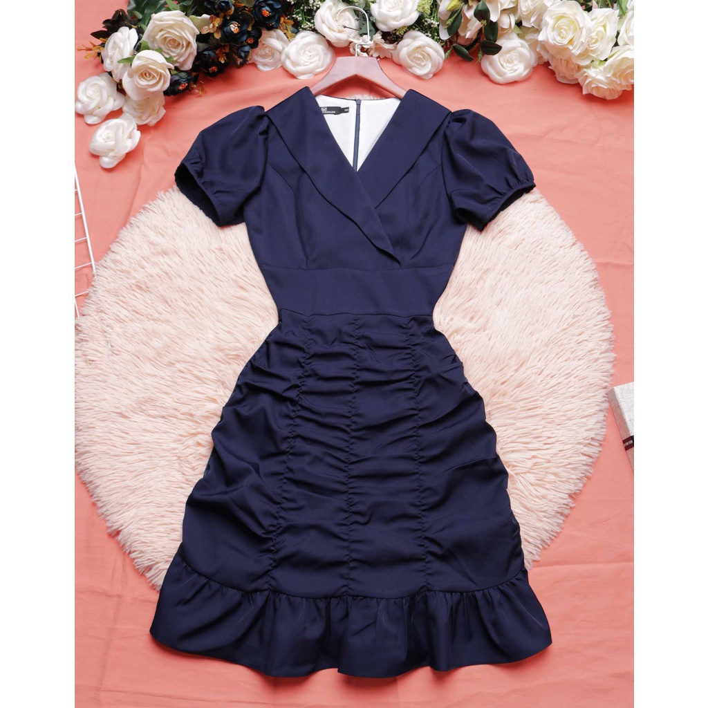 Đầm thiết kế dự tiệc sang trọng đẹp cổ vest chữ a tay ngắn xanh đen thời trang cao cấp tùng nhún eo tôn dáng – Lux W