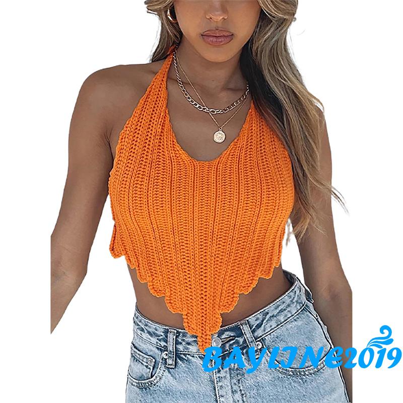 BAY-Women’s Casual Halter Irregular Vest Fashion Solid Color Tie-up Backless Exposed Navel Knitted Camisole