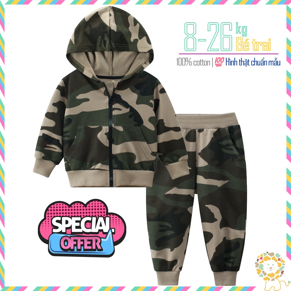 Bộ nỉ bé trai 27KIDS bộ nỉ dài tay cho bé họa tiết rằn ri áo khoác nỉ hoodie kéo khóa hàng xuất Âu Mỹ