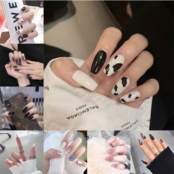 (Free gift) 24pcs/piece, style Pháp móng tay giả, xu hướng thời trang trộn với các móng tay giả kiểu tự làm giả.