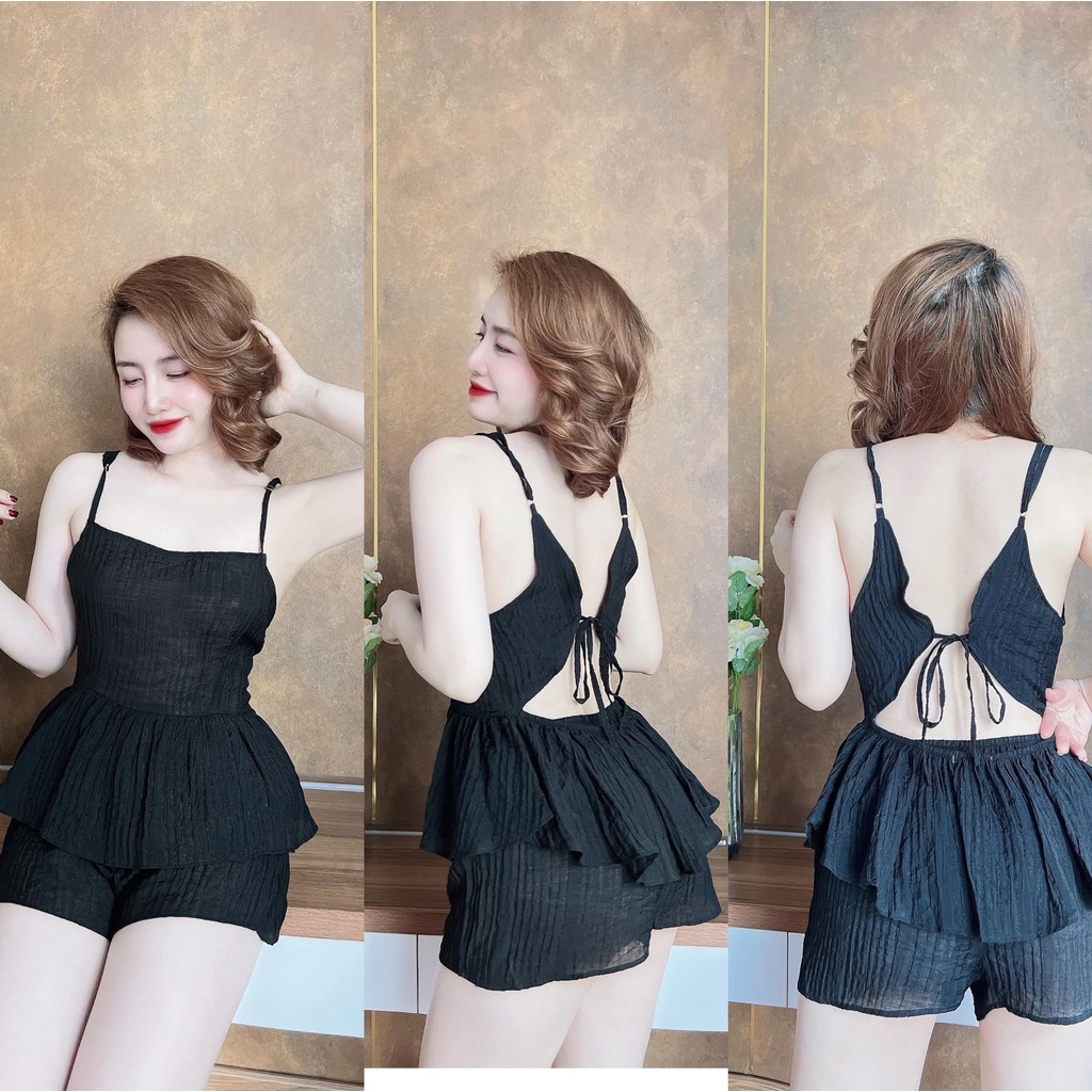 Đồ ngủ sexy nữ 2 dây - bộ ngủ hai dây - đồ bộ mặc nhà chất xốp hở lưng [DN60]