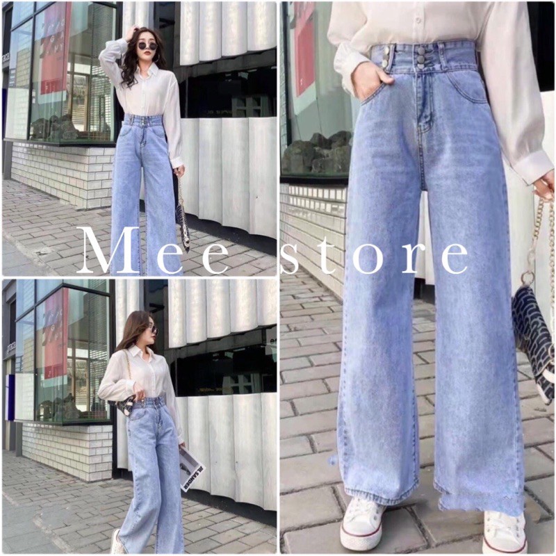 Quần Jeans Ống Rộng🌸 Quần Bò Nữ Ống Rộng Cạp Cao Trơn Basic 6 Khuy