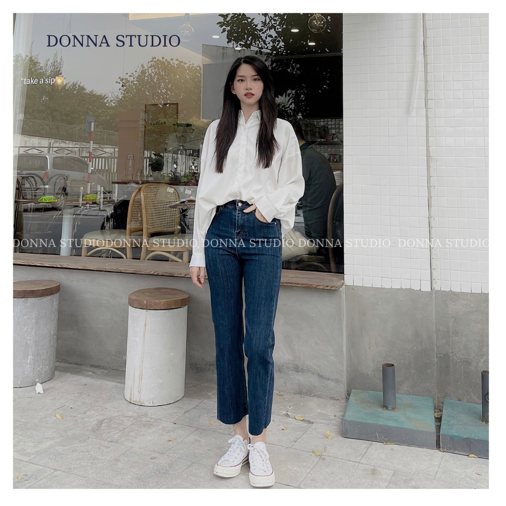 Quần Bò Nữ Ống Đứng Xanh Đậm Cắt Gấu DONNA Quần Jean Tôn Dáng Chất Lượng Cao