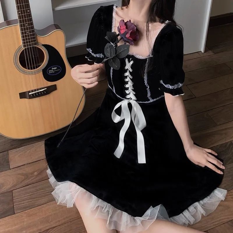 Đầm Nữ Phối Ren Sang Trọng Phong Cách Retro Hàn Quốc