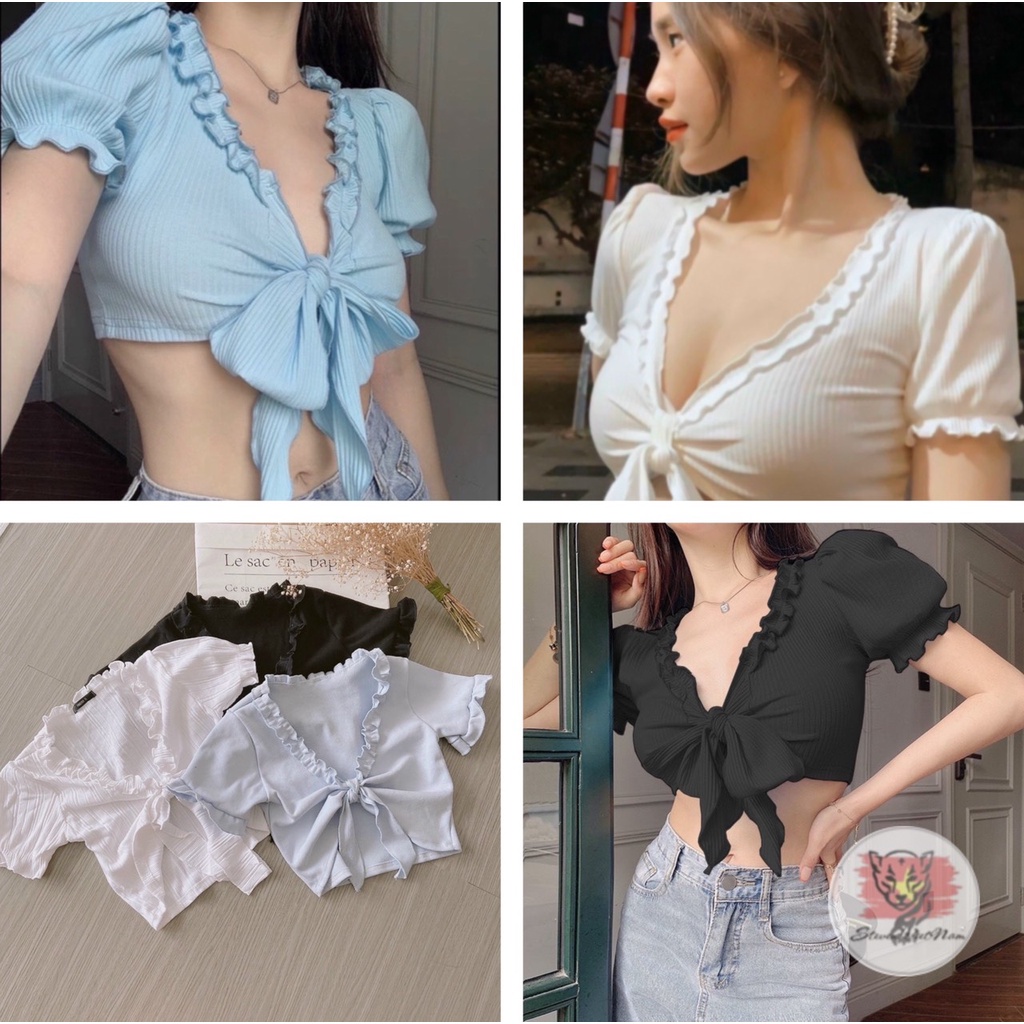Áo Croptop cột nơ ngực cuốn biên buộc nơ trước - AK0017 | steven.factory