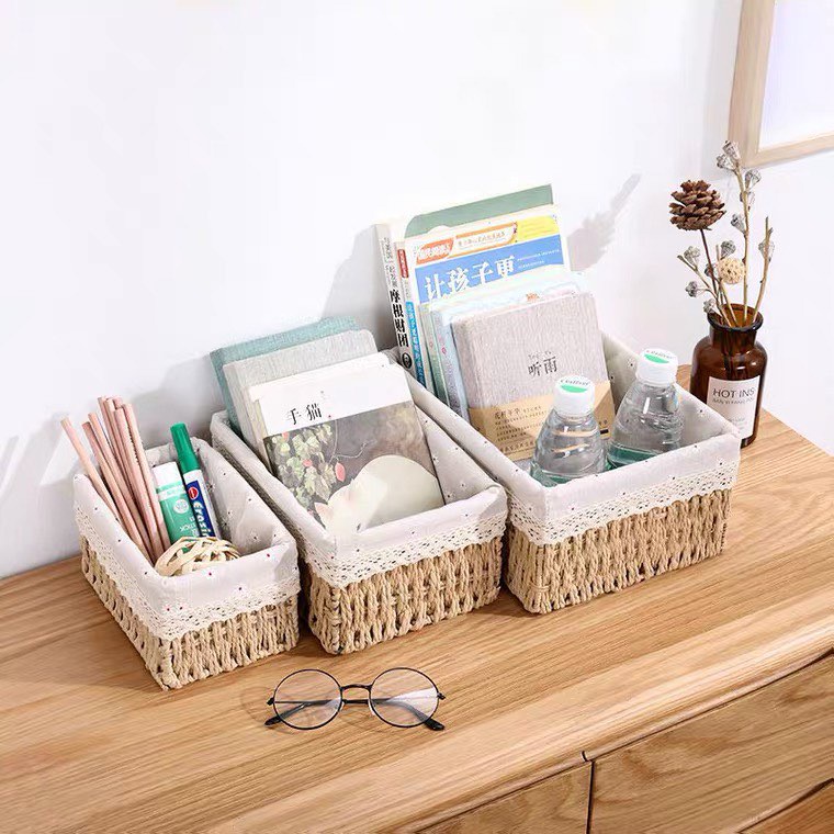 Giỏ mây lót vải vintage hình chữ nhật vintage, giỏ đi picnic, để bàn decor góc làm việc