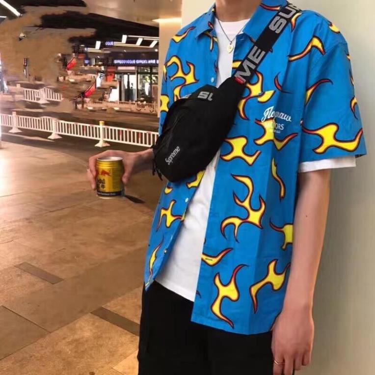 Áo sơ mi nam nữ oversize hình LỬA VÀNG xanh dương