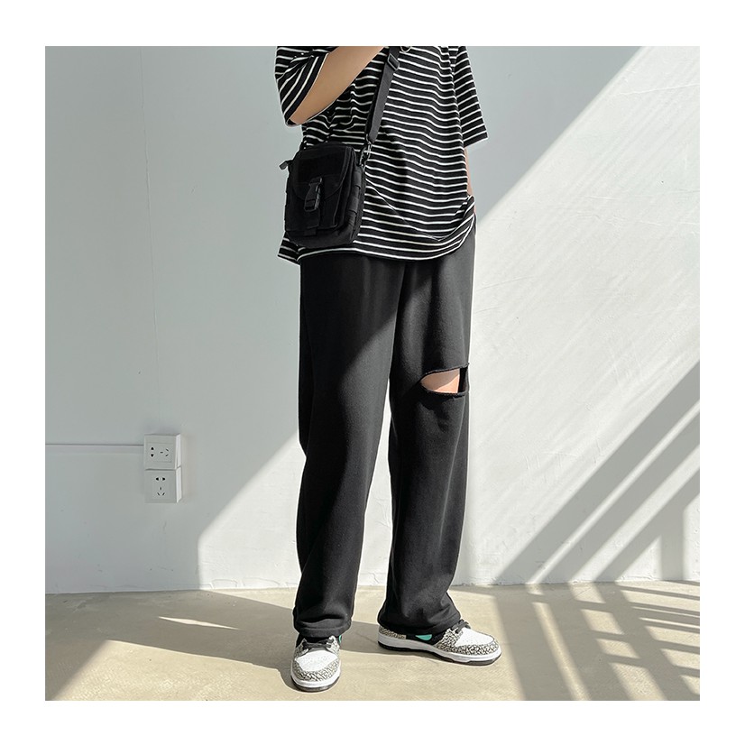 Quần THun Ống Rộng Rách Gối Unisex (Đen/Xám/TRắng) Phong cách hàn quốc