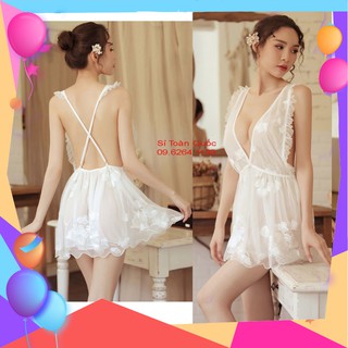 Đầm Ngủ Gợi Cảm 🍎Váy Ngủ Gợi Cảm  Lụa Ren Xẻ Sâu Có Dây Lưng Chéo Sau Lưng -Trắng Tinh Khôi Xinh.