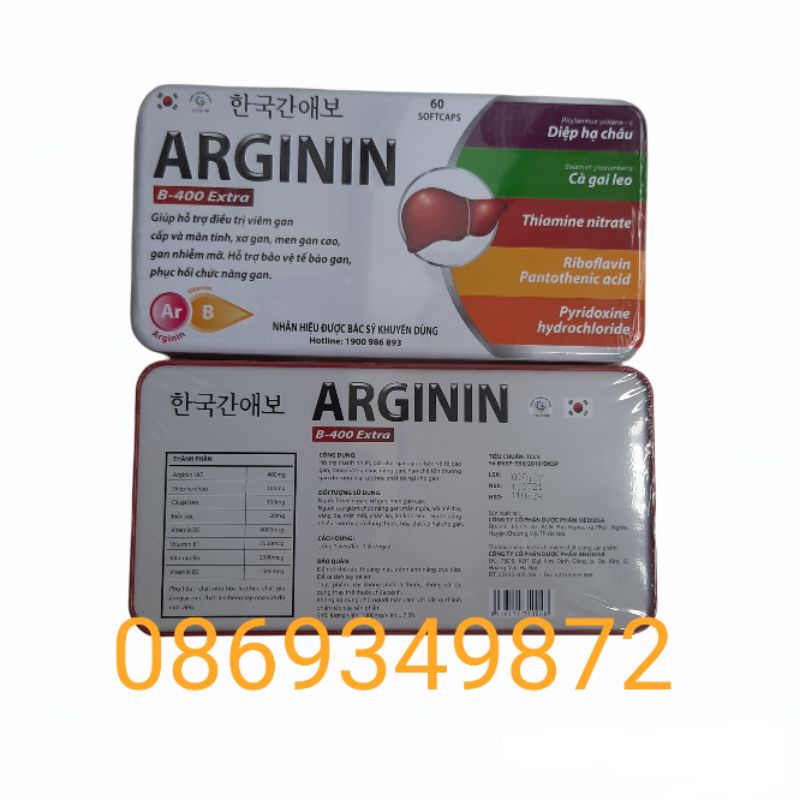 Bổ gan ARGININ B- 400 EXTRA - Hỗ trợ bảo vệ gan,hạ men gan,gan nhiễm mỡ,người uống nhiều rượu bia - Hộp 60 viên