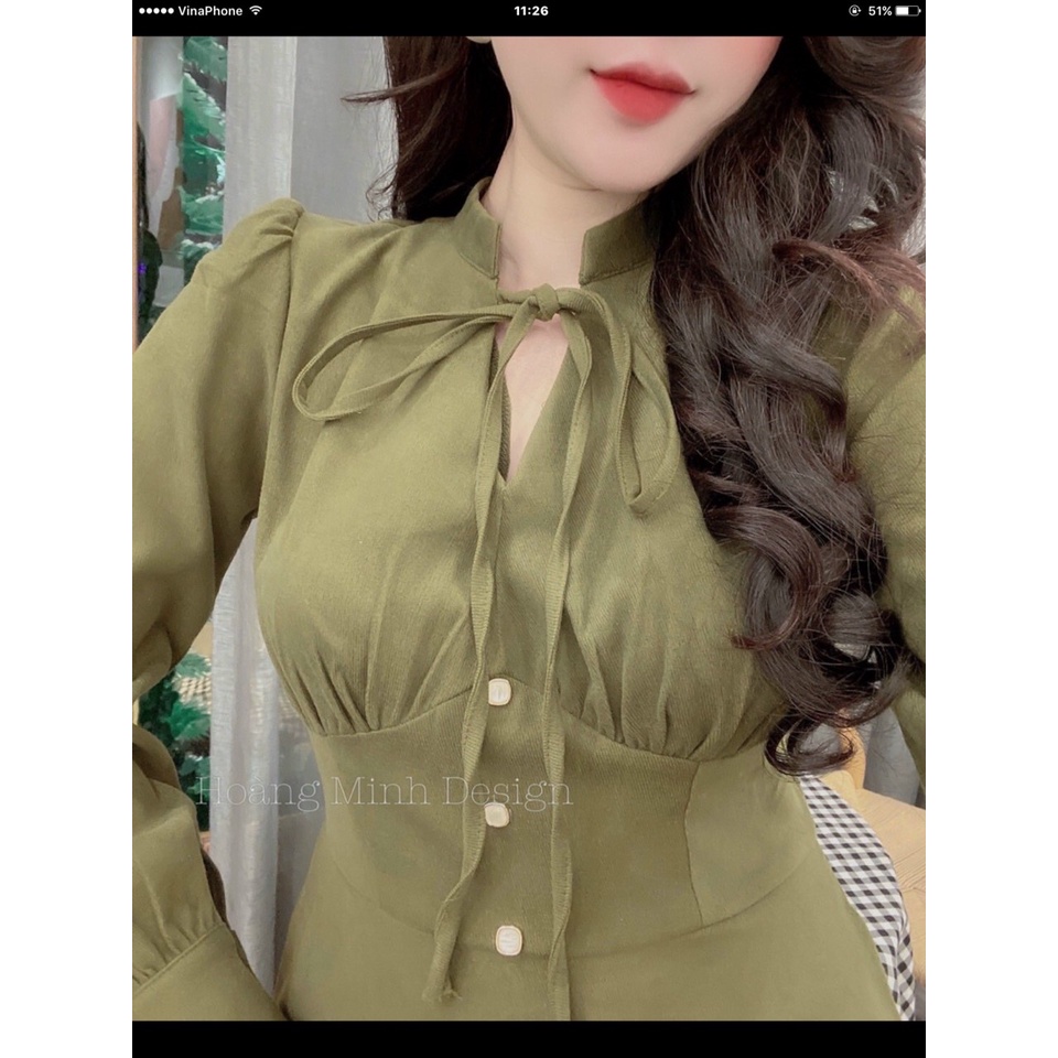 Đầm nữ dáng xòe cổ nơ dài tay nhung tăm D04 | BigBuy360 - bigbuy360.vn