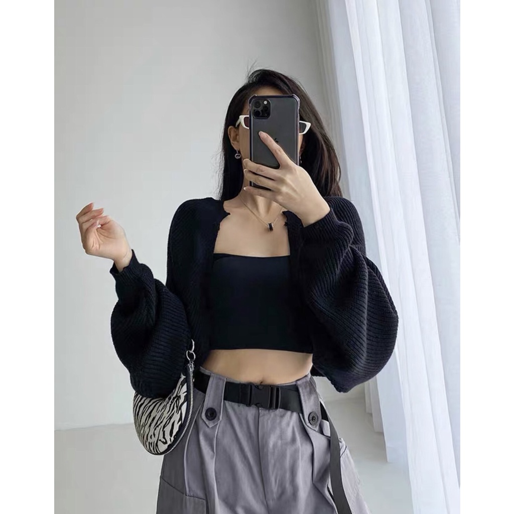 SA002 Bộ áo khoác cardigan mỏng, tay bo phồng và áo hai dây croptop ôm body sexy phong cách bánh bèo tiểu thư cute