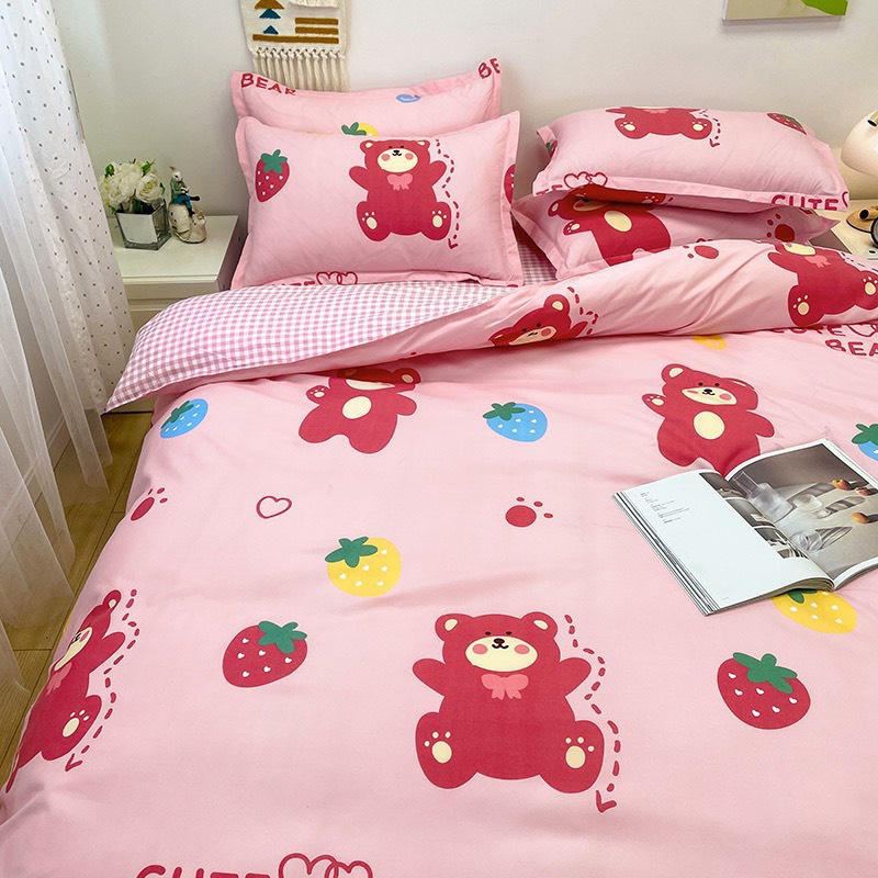 Bộ Chăn Ga Gối Cotton Poly Hizun Mẫu Gấu Hồng