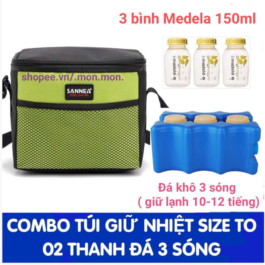 Túi giữ nhiệt SANNEA 2 lớp KÈM 2 ĐÁ KHÔ THANH 3 SÓNG