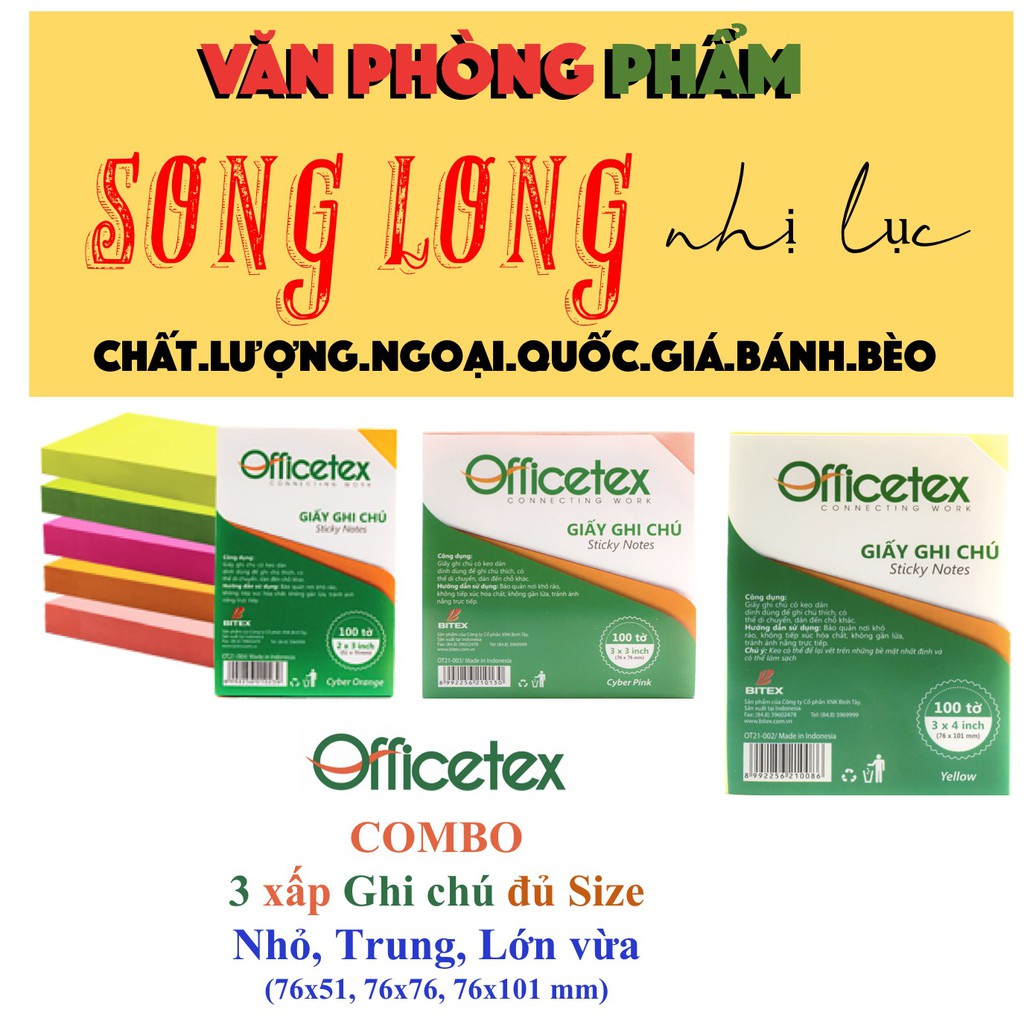 COMBO 3 xấp Giấy Ghi Chú đủ size Nhỏ + Trung + Lớn vừa, nhiều màu sắc nổi bật - 100 tờ/xấp - Giấy Note VPP Officetex