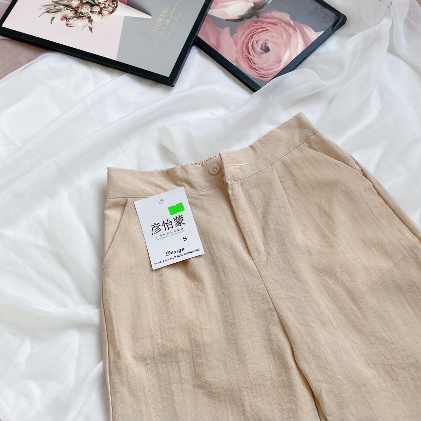 Quần culottes ống rộng chất vải đũi dáng dài lưng cao khóa thật cạp chun sau - Quần Đũi Ống Suông Rộng Lưng Thun Mặc Nhà