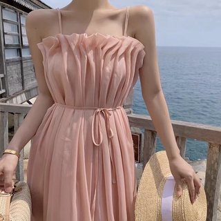 Đầm voan hồng cam 2 dây