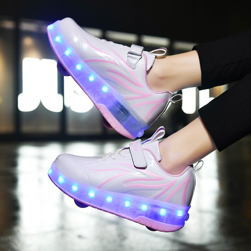 Giày trượt patin YOZOH thiết kế hai bánh tích hợp đèn LED thời trang năng động size 28-40