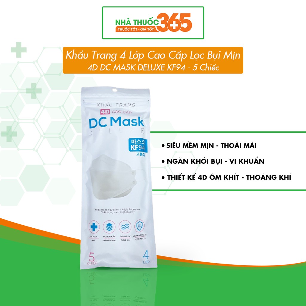 Khẩu Trang 4D DC MASK DELUXE KF94 Sun Pharma Cao Cấp Lọc Bụi Mịn, Kháng Khuẩn 4 Lớp - Gói 5 Chiếc (Màu ngẫu nhiên)