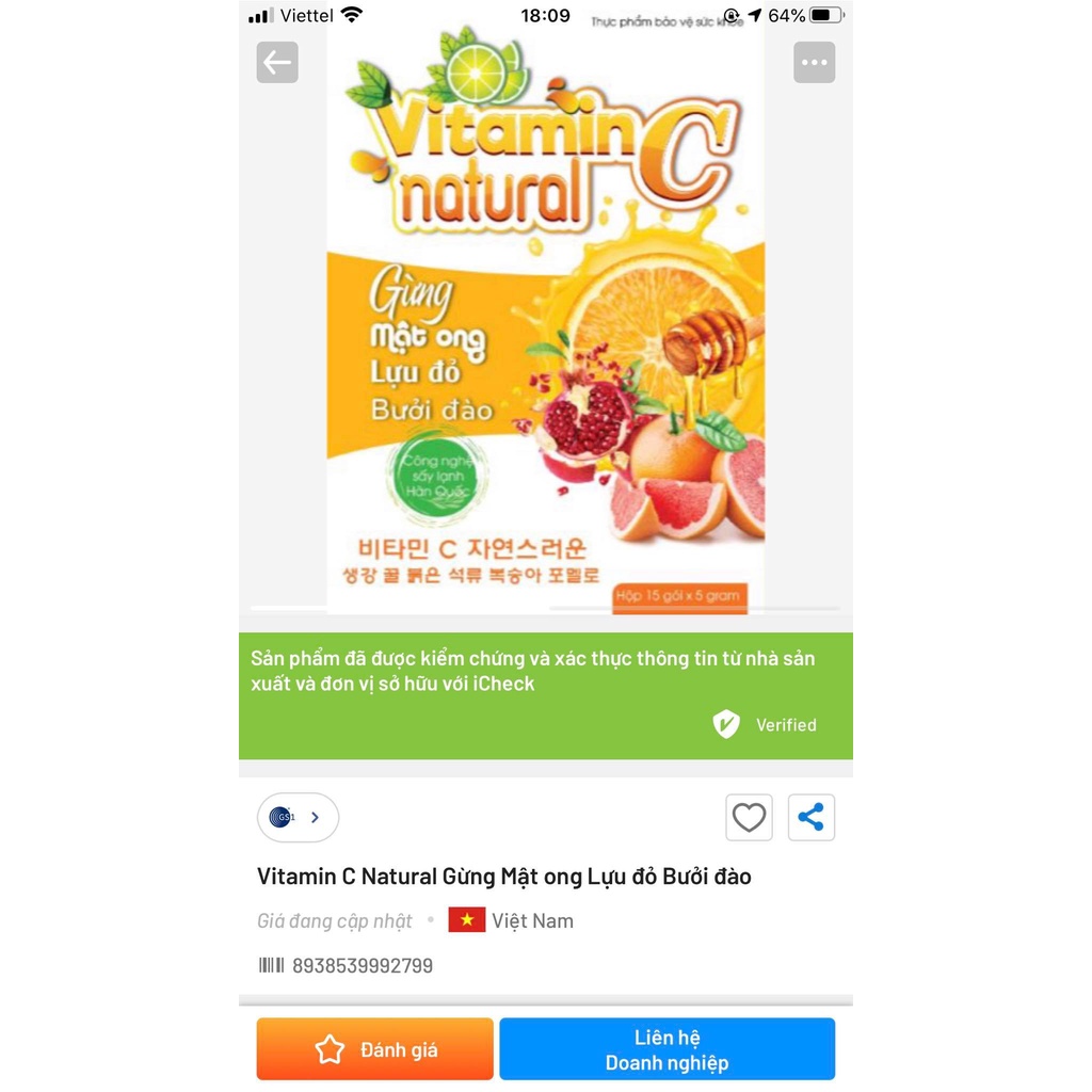 THỰC PHẨM BỔ SUNG Vitamin C Natural Gừng Mật ong Lựu đỏ Bưởi Đào ( hộp 15 gói )