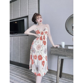 Đầm maxi 2 dây thắt nơ lụa latin mềm mát, váy maxi hè