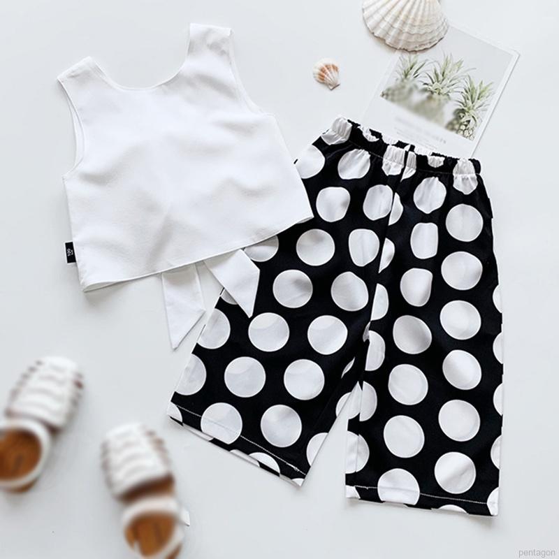 Set Áo Cộc Tay Chấm Bi + Quần Dài Ống Rộng Thời Trang Cho Bé Gái