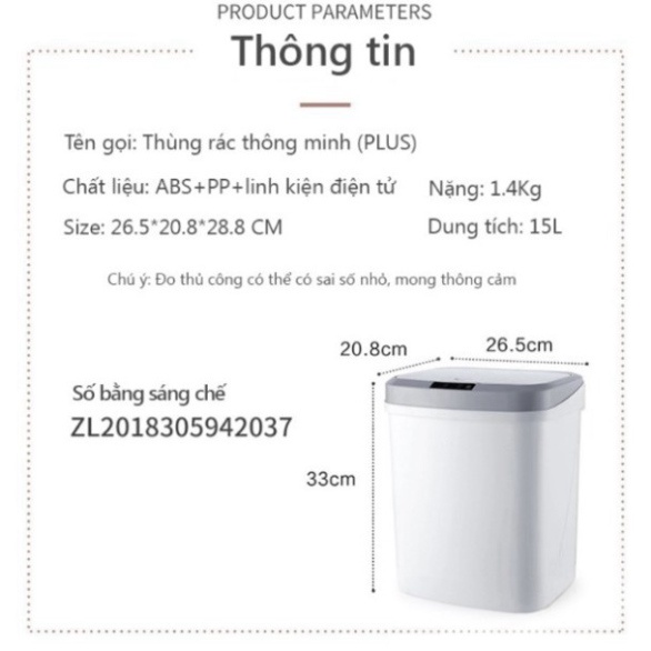 Thùng Rác Thông Minh Tự Động Đóng Mở 15 Lít- Thùng Rác Cảm Ứng Siêu Tiện Lợi  Kèm Dây Sạc Điện