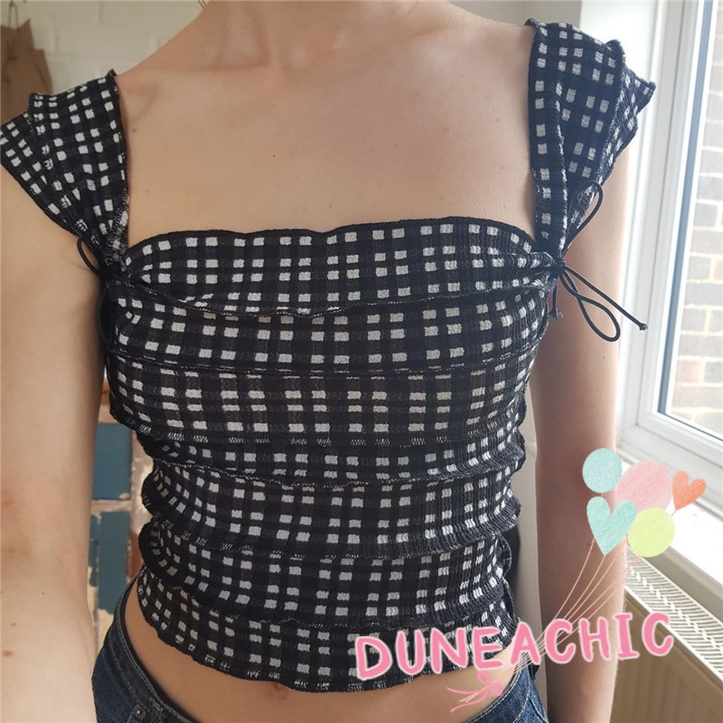 DUNEA Áo Tank Top Hai Dây Hở Lưng Họa Tiết Sọc Caro Thời Trang