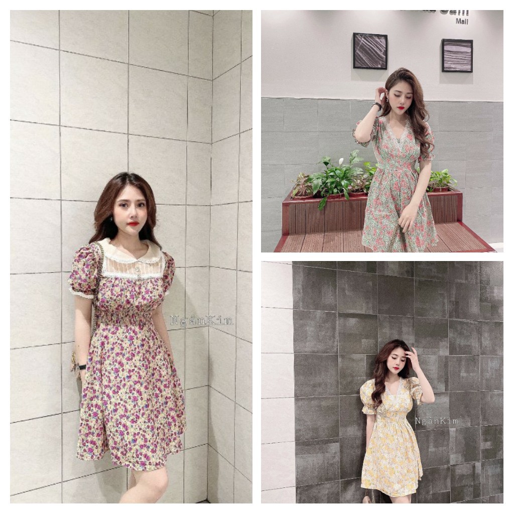 Váy hoa nhí chiết eo cổ viền ren tiểu thư