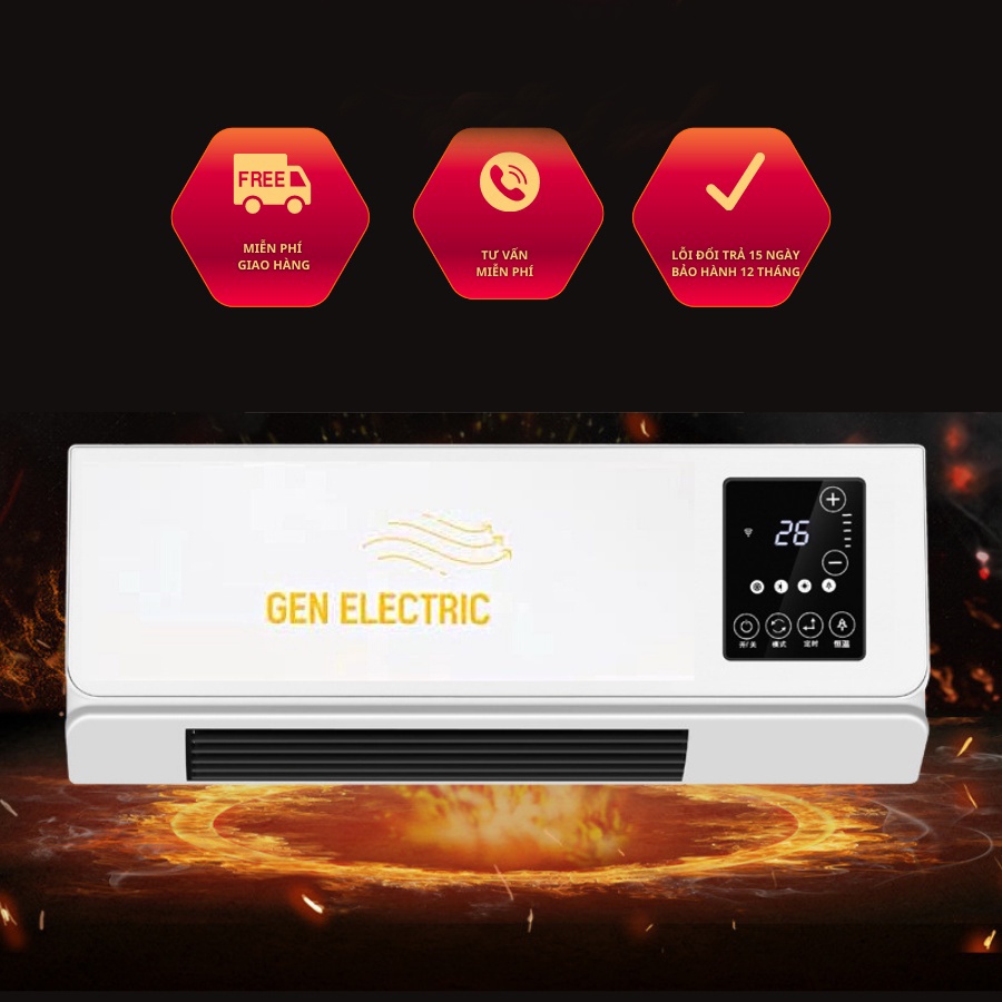 Máy sưởi gốm Gen Electric GH-02, quạt sưởi gắn tường phòng khách phòng ngủ điều khiển từ xa công suất 2000W- BH 12 tháng