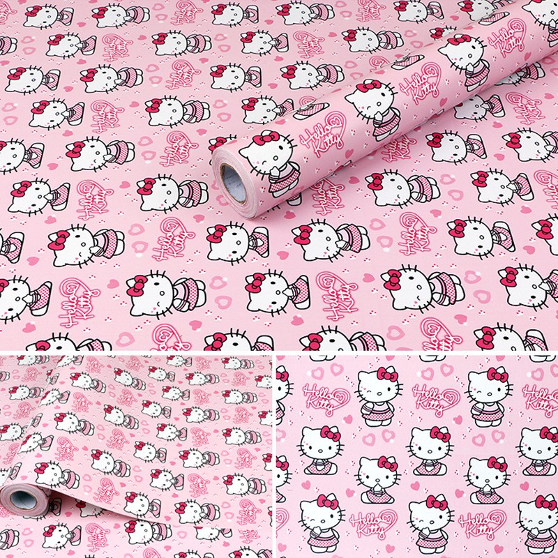 Giấy dán tường hello kitty màu hồng khổ rộng 45cm có sẵn keo, Decal giấy dán tường màu hồng dễ thương - Lala Mart