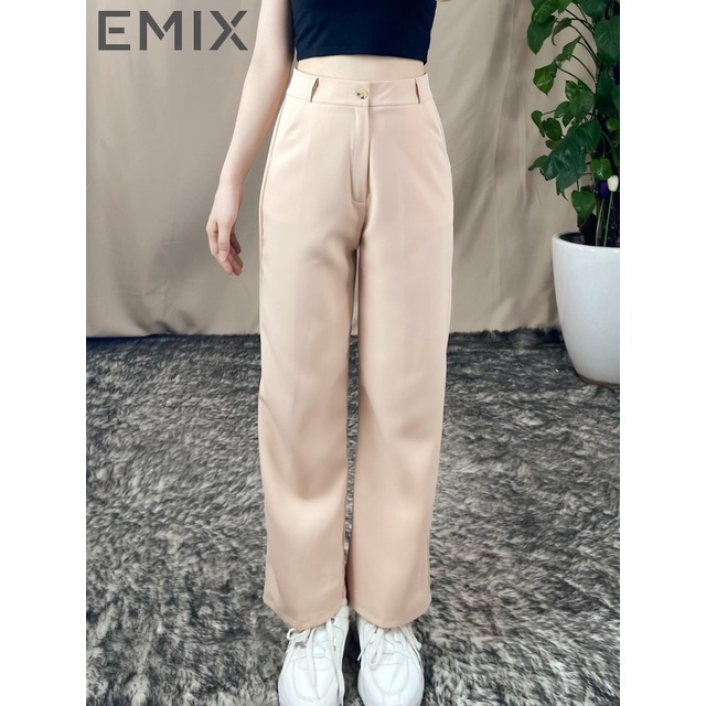 Quần tây nữ đi học EMIX (màu đen), dáng dài, ống suông, cạp cao, hai túi chéo, form rộng, vải tuyết mưa mềm mịn 333