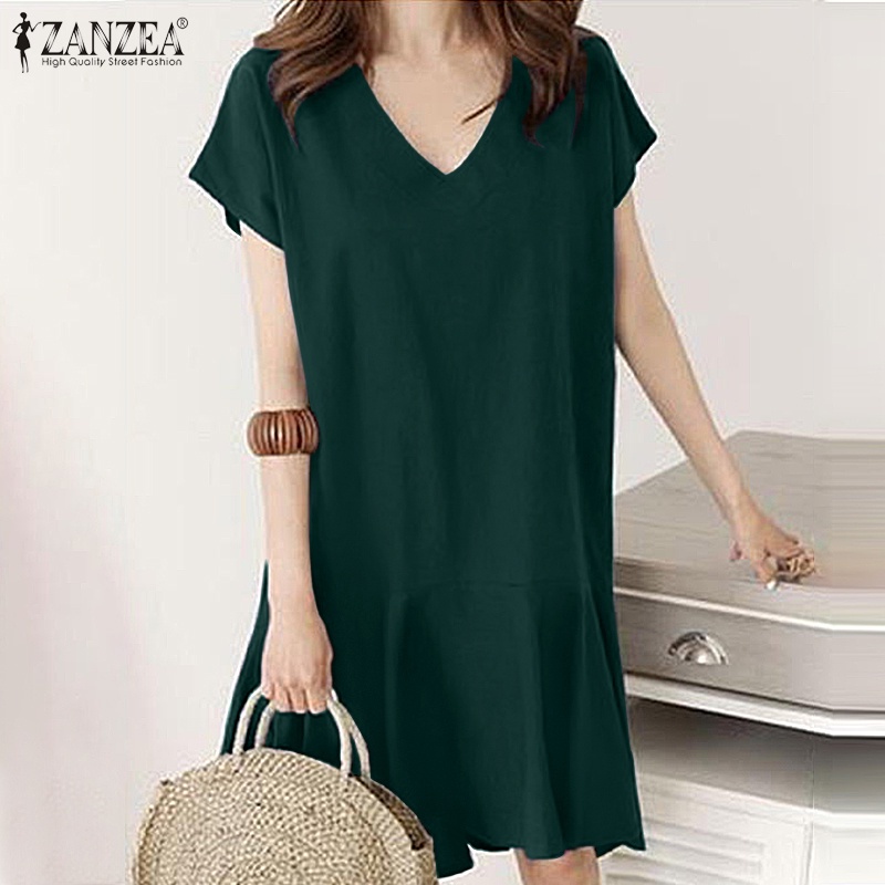 Váy ngắn ZANZEA màu trơn cổ chữ V dáng rộng kiểu dáng đơn giản thời trang cho nữ