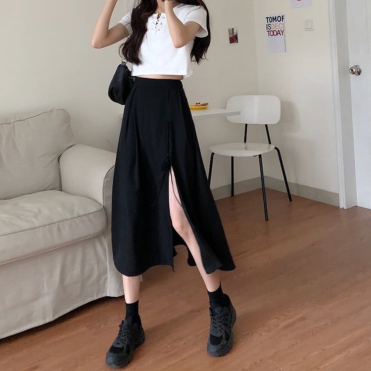 Chân váy ulzzang xẻ tà thắt nơ cạp chun,chân váy nữ xẻ tà dáng dài ulzzang | BigBuy360 - bigbuy360.vn