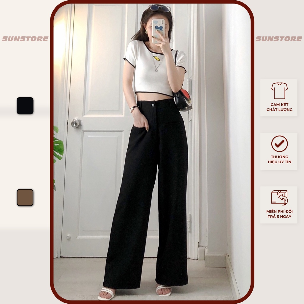 Quần ống rộng nữ lưng cạp cao dáng suông dài túi mổ culottes cài nút chất rũ màu đen và nâu THRE PANT