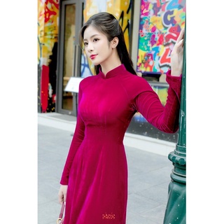 Vải Nhung The màu hồng đỏ, nhung tơ tằm may áo dài