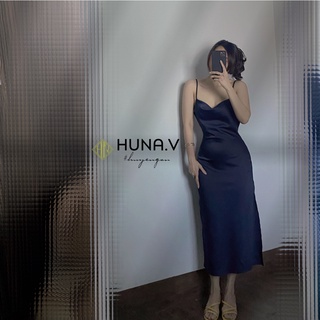 Váy lụa cổ đổ hở lưng form qua gối