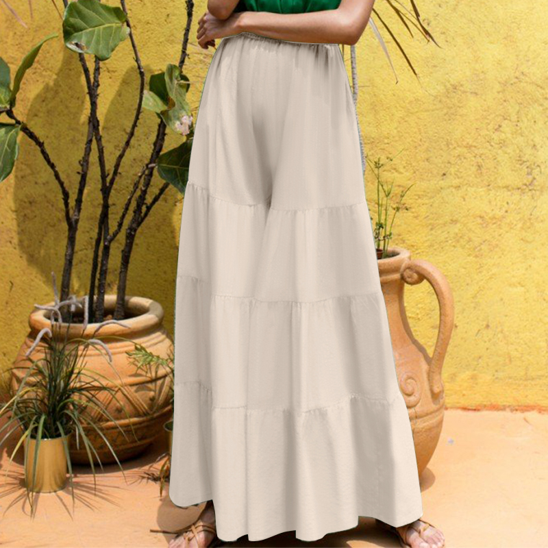 PRETTY Women Elastic Waist Solid Color Loose Pleated Casual Cotton Long Pant