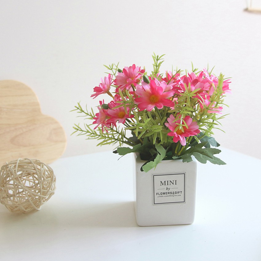 Hoa giả trang trí để bàn, hoa cúc lụa, chậu bằng sứ MINI BY FLOWER - HF005 (nhiều màu lựa chọn)