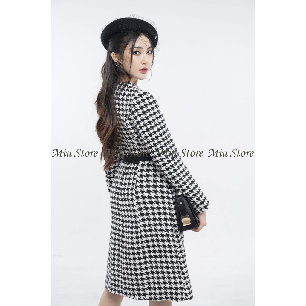 Áo khoác dạ dáng dài họa tiết houndstooth cổ tròn - AK00001 | BigBuy360 - bigbuy360.vn