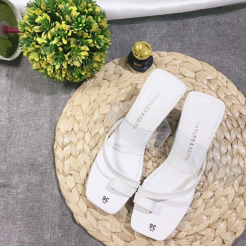 Guốc cao gót xỏ ngón quai mảnh xéo phối quai trong da lì gót vuông 7p thời trang- ảnh thật