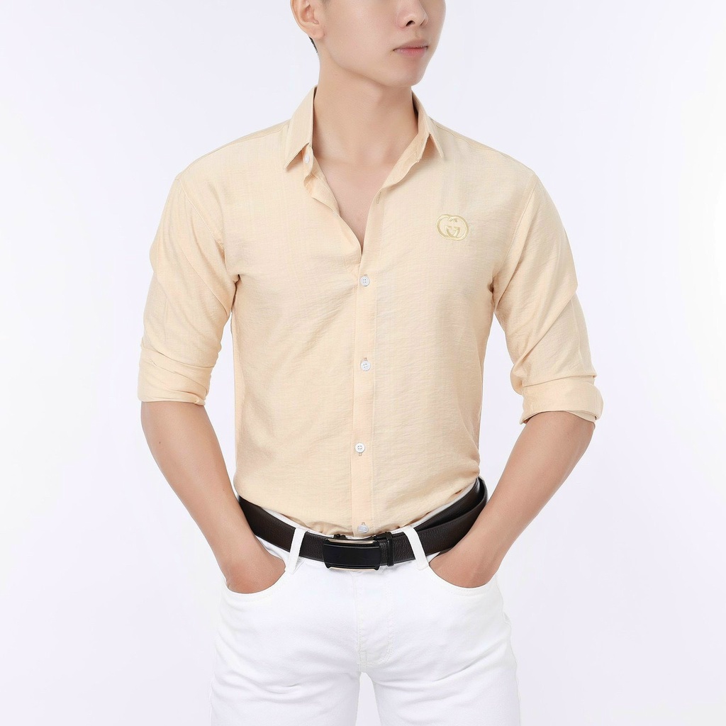 Áo sơ mi nam màu kem LOGO thiêu ngực, áo sơ mi nam công sở tay dài cổ bẻ chất vải lụa mềm mịn T-FASHON 24H SM13