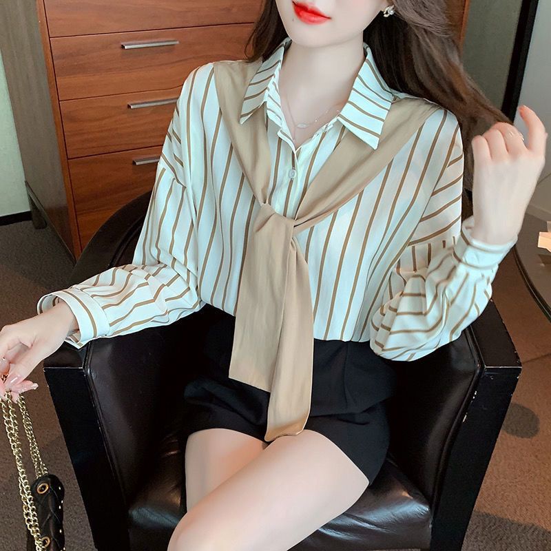 Áo Sơ Mi Tay Dài Dáng Rộng Họa Tiết Kẻ Sọc Phong Cách retro Hong Kong Thời Trang Mùa Thu Mới Cho Nữ