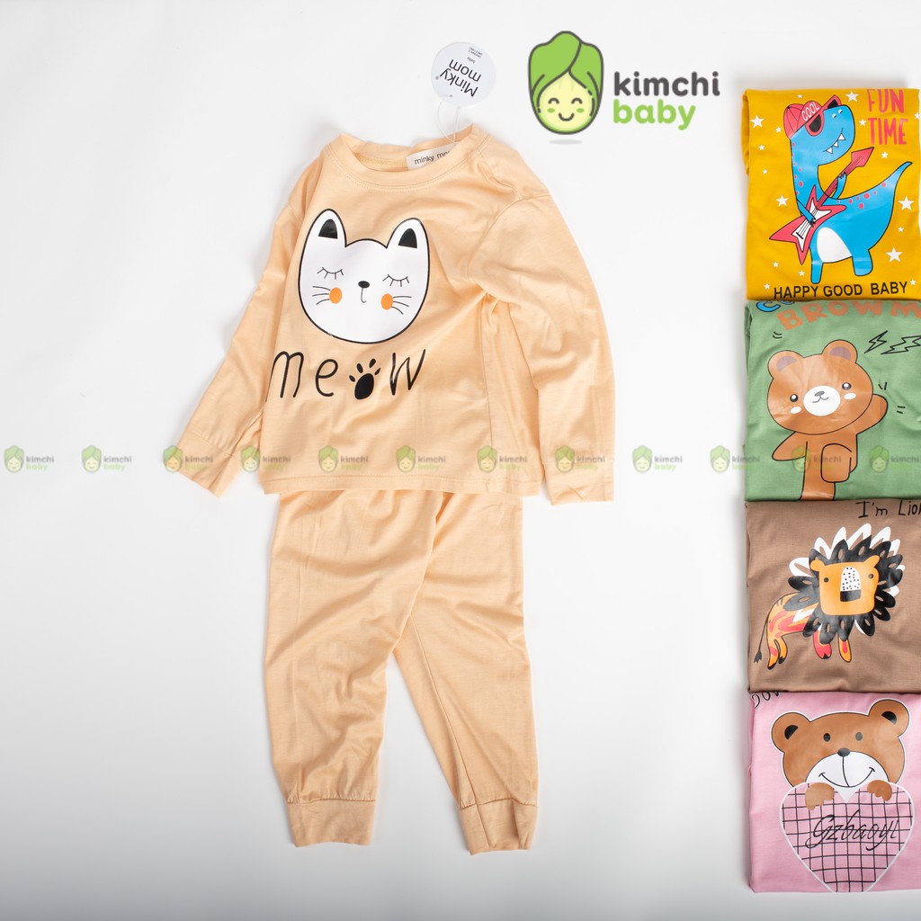 Bộ Dài Tay Cho Bé Gái, Bé Trai Minky Mom Vải Thun Lạnh Sư Tử Meow, Bộ Quần Áo Trẻ Em Mặc Nhà Thu Đông MKMTD2159