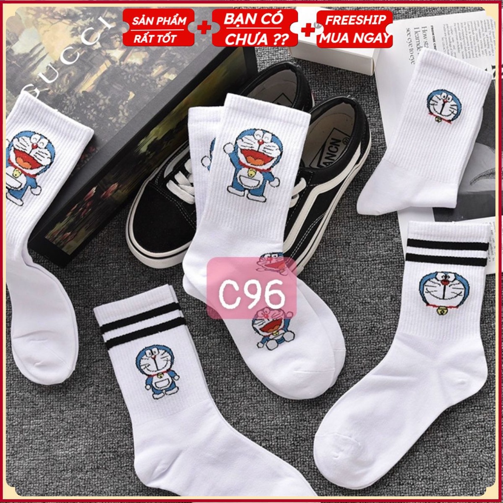 PVN38797 Set 10 đôi tất cao cổ nữ trắng hình đôremon đáng yêu, chất liệu thoáng mát, thấm mồ hôi hàng Quảng Châu T2 .